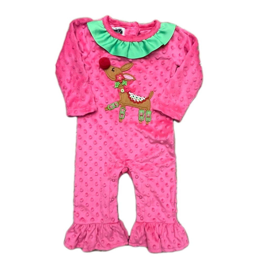 Mud Pie EUC Girls Pink Minky Dot Reindeer One Piece Size 9-12m - Picture 2 of 8